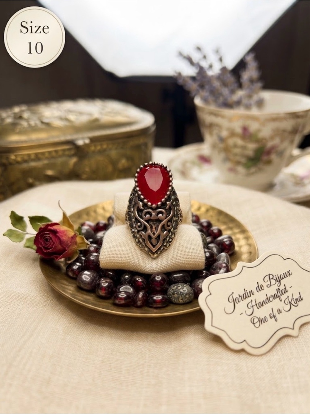 Ornate Ring with Red Teardrop Gemstone - Size 10